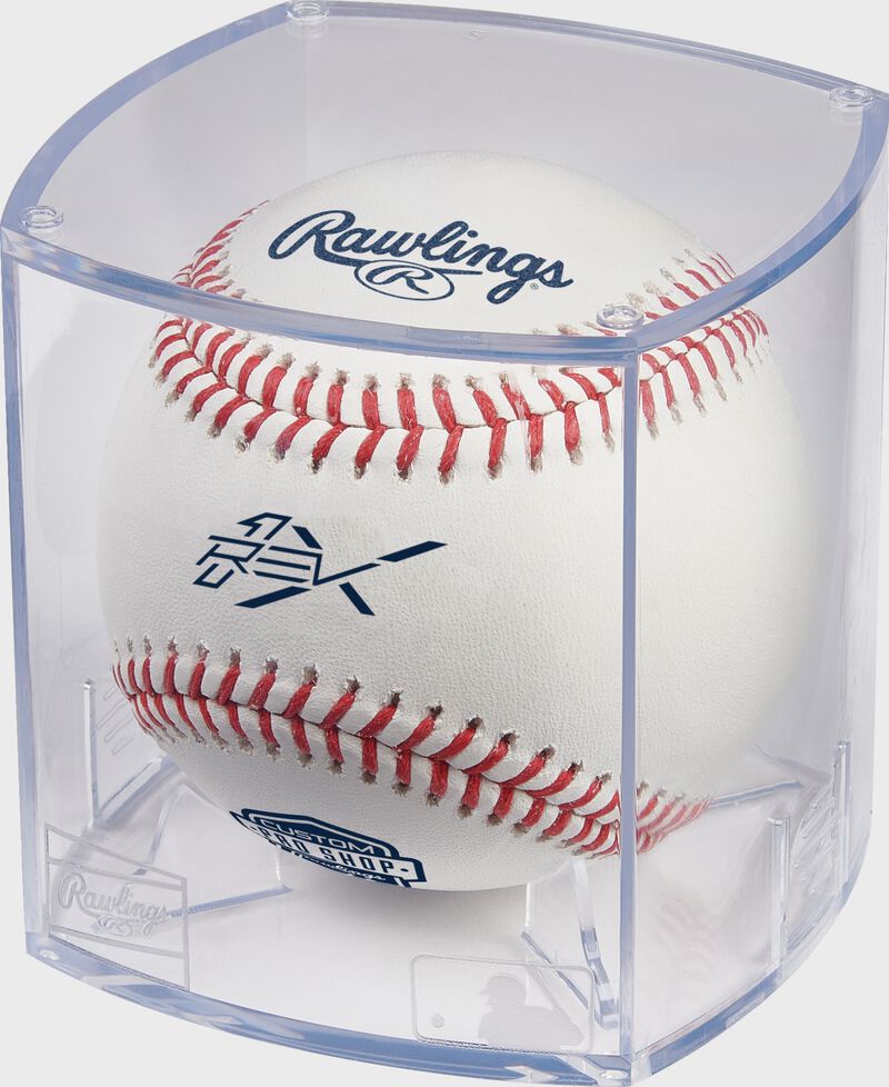 A Custom REV1X Baseball in a clear display cube