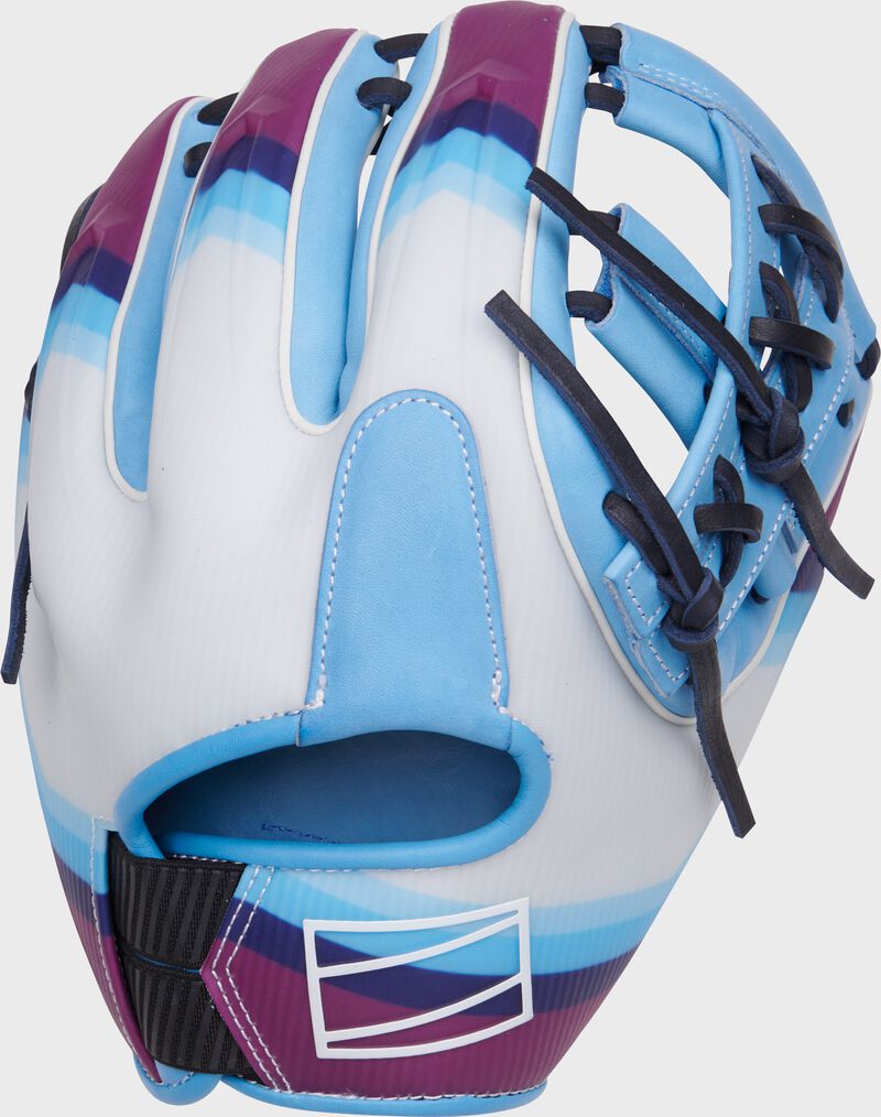 White/Columbia blue design back of a Rawlings Francisco Lindor REV1X infield glove