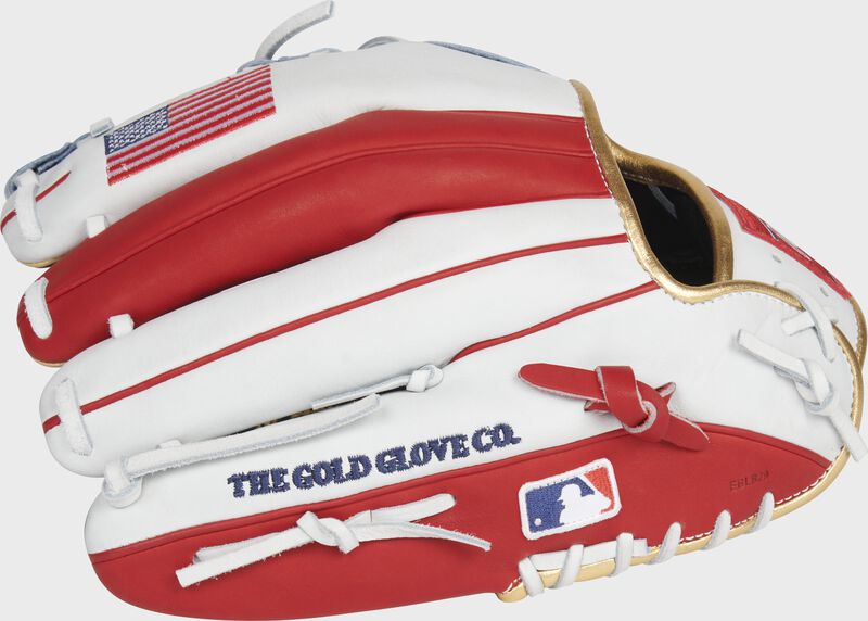 White/scarlet back of a Heart of the Hide USA infield glove with the MLB logo on the pinky - SKU: RSGPRONP5-2USA