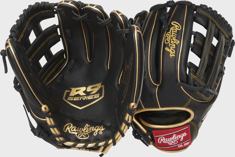 Two images showing the palm & back of a black R9 Series 11.75" H-web infield glove loading=