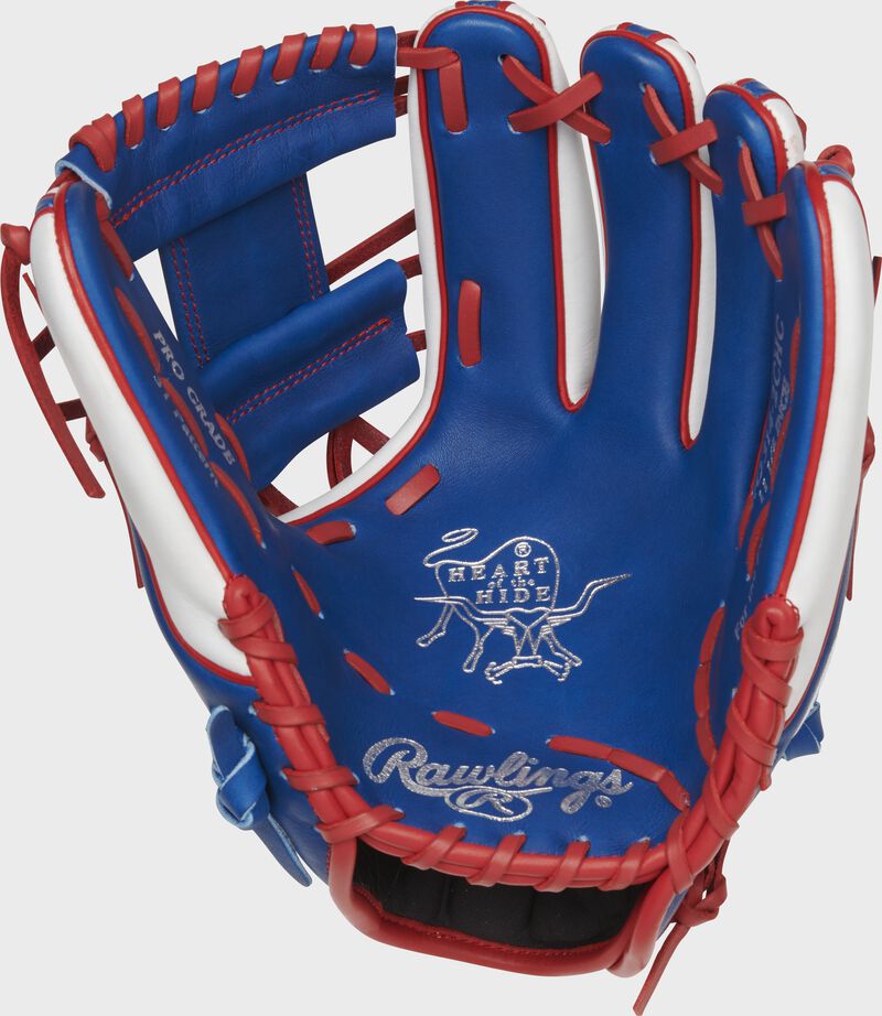 Shell palm view of royal, white, and scarlet 2021 Chicago Cubs Heart of the Hide glove loading=