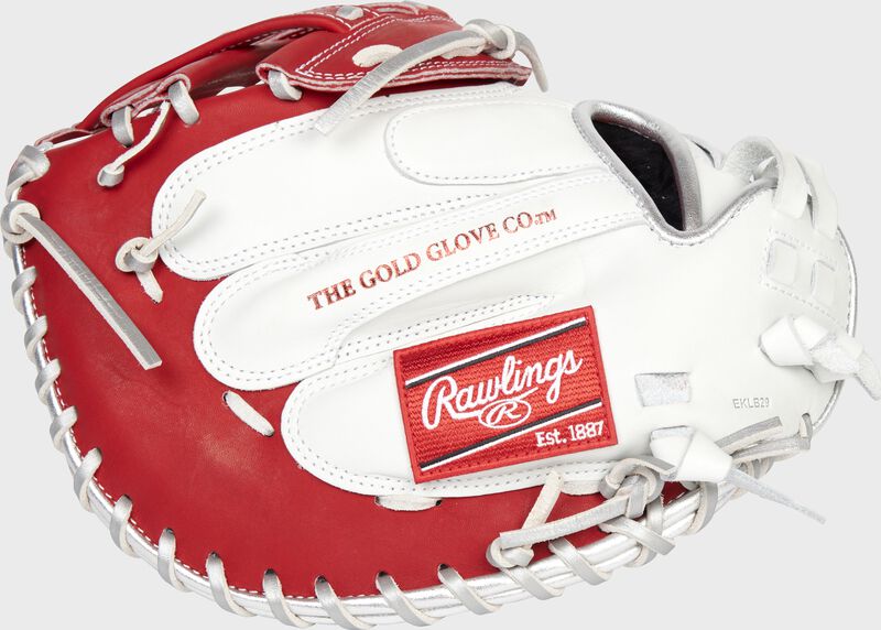 Back of a white/scarlet 34-Inch Liberty Advanced Color Series catcher's mitt with a red Rawlings patch - SKU: RLACM34FPWSP loading=