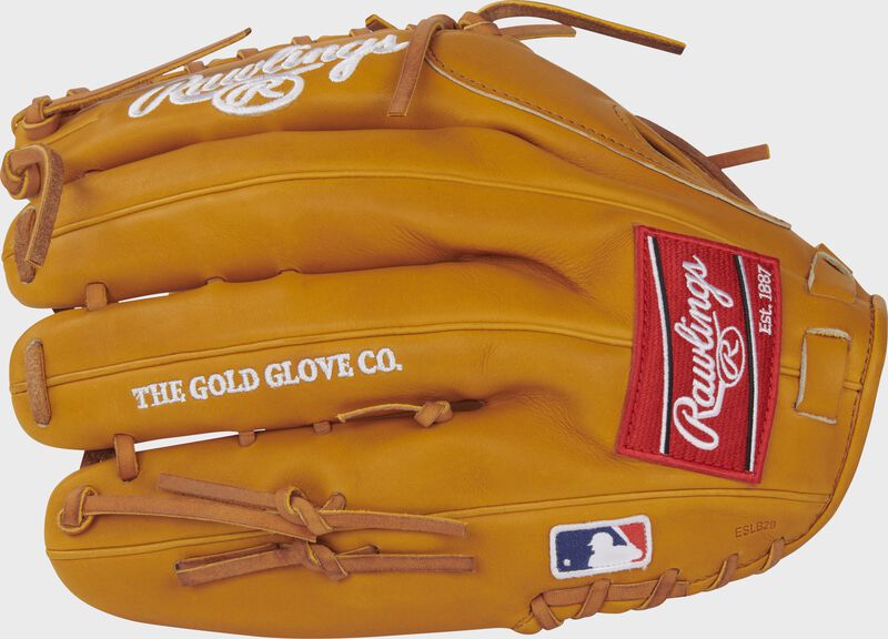 Back of a rich tan Pro Preferred outfield glove with a red Rawlings patch and MLB logo on the pinky - SKU: PROSMT27RT loading=