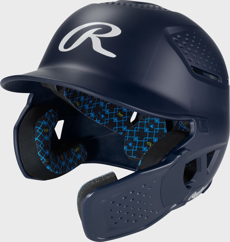 Front left of a navy Rawlings RX2 Reverse batting helmet