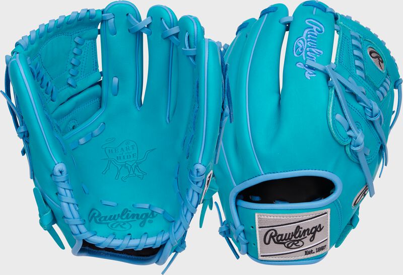 2 images showing the palm and back of an exclusive Heart of the Hide teal infield/pitcher's glove