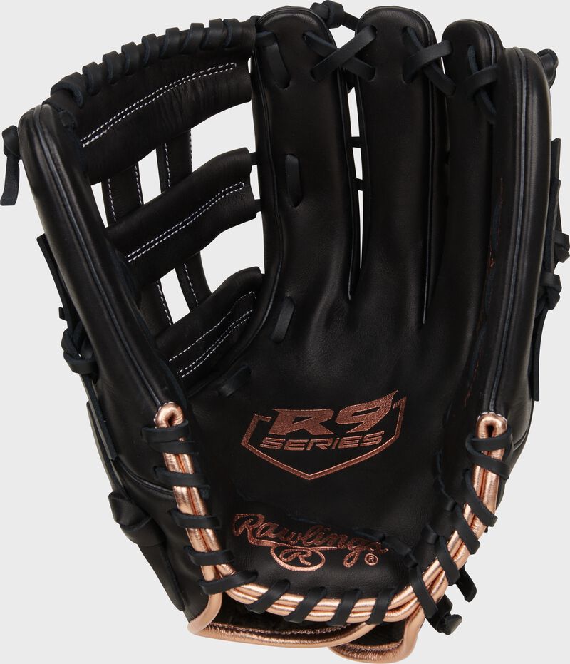 Black palm of a Rawlings R9 Series fastpitch glove with gold stamping and black laces loading=