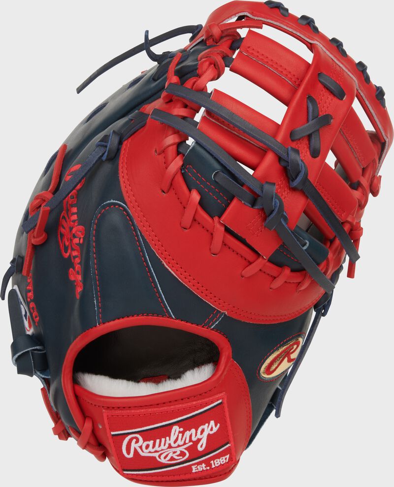 Navy/scarlet back of a Gameday 57 Series Vladimir Guerrero Pro Preferred 1st base mitt with a red Rawlings patch