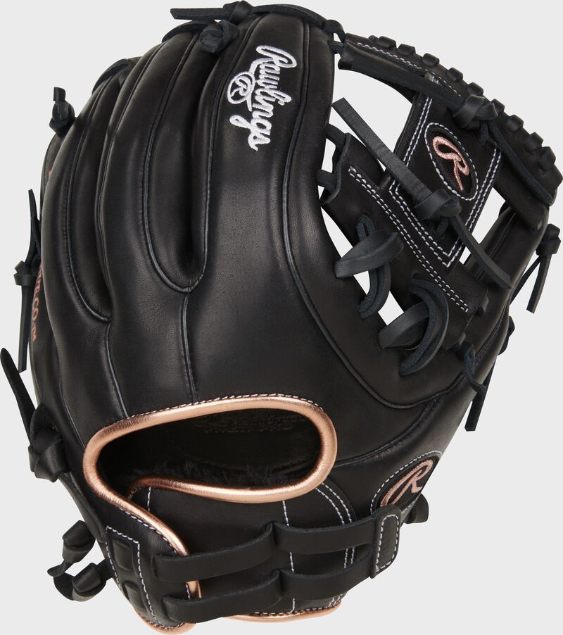 Black back of a black R9 Series 11.75" I-web fastpitch infield glove with a pull strap back