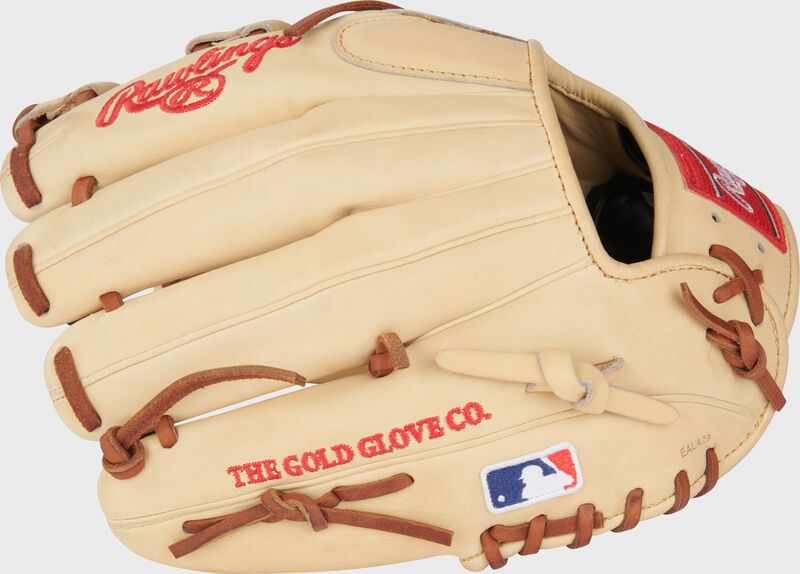 Back of a camel Trea Turner Heart of the Hide 11.5" infield glove with the MLB logo on the pinky - SKU: PRONP4-1TT