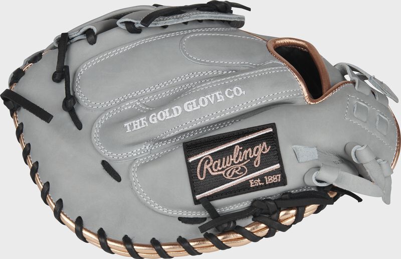 Back of a gray HOH softball 33-Inch catcher's mitt with a black Rawlings patch - SKU: PROCM33FP-24G