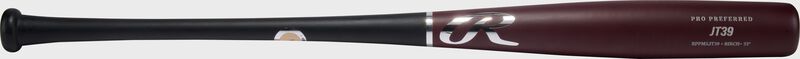 A black/maroon Pro Preferred JT39 torpedo barrel birch wood bat