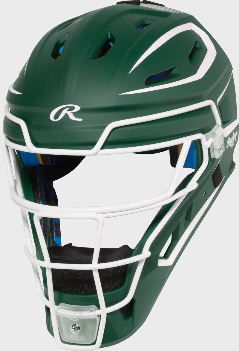 A dark green Mach Pro Series catcher's helmet