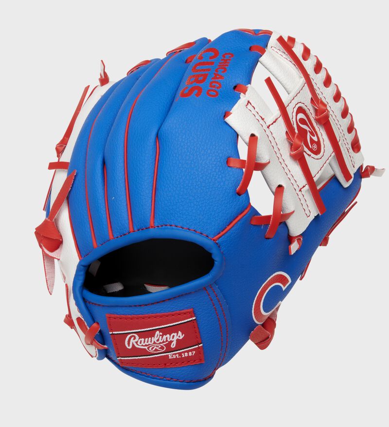 Back of a blue/white Chicago Cubs 10-inch youth I-web glove with a red Rawlings patch - SKU: 22000008111 loading=
