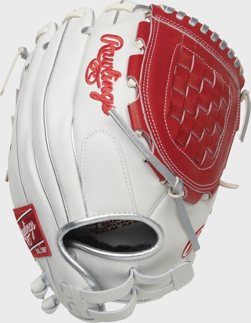 Back of a white/scarlet Liberty Advanced Color Series 12-Inch basket web glove with a pull strap back - SKU: RLA120-3WSP loading=
