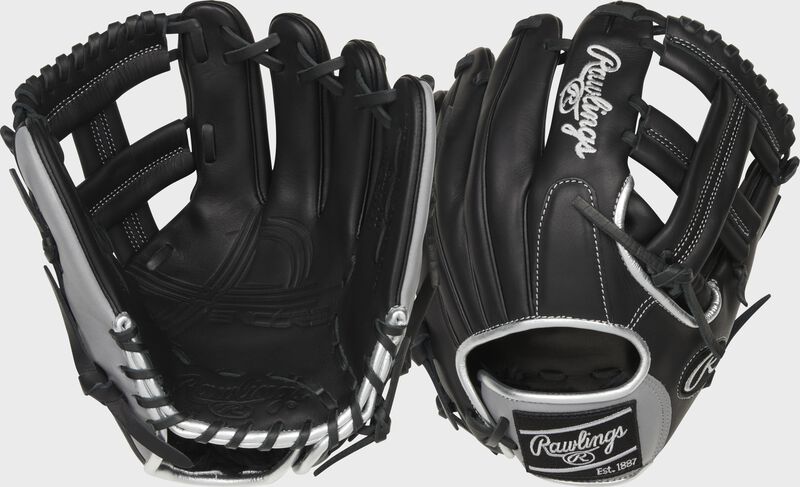 Two images showing the palm & back of a black Encore 11.25" infield glove