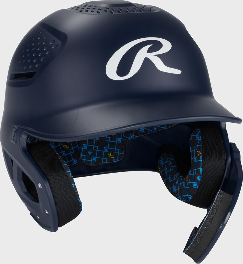 Front right of a navy Rawlings RX2 Reverse batting helmet