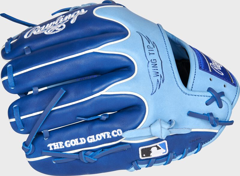 Royal/Columbia blue back of a Kansas City Royals Heart of the Hide infield glove with the MLB logo on the pinky - SKU: RSGPRO204W-2KC loading=