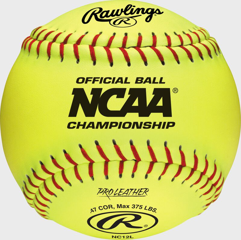 A yellow NC12L NCAA official 12" softball with the NCAA logo and red stitching loading=