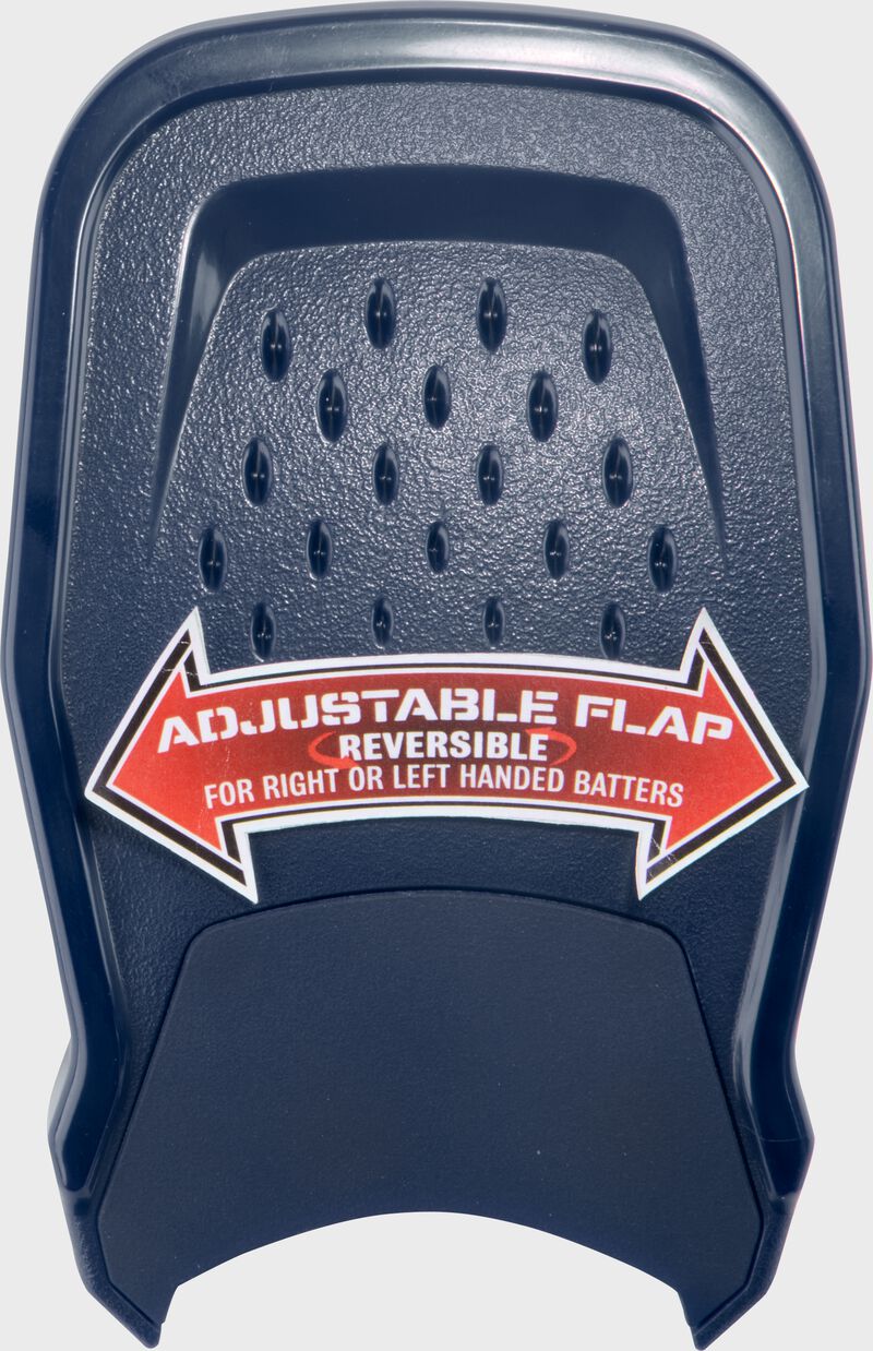 A navy Rawlings RX2 Reverse adjustable batting helmet extension with a sticker showing the adjustability