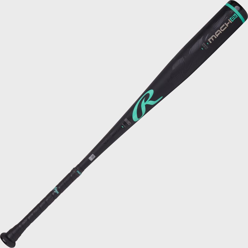 A black/mint 2025 Mach AI BbCOR bat with a mint "R" logo above the handle