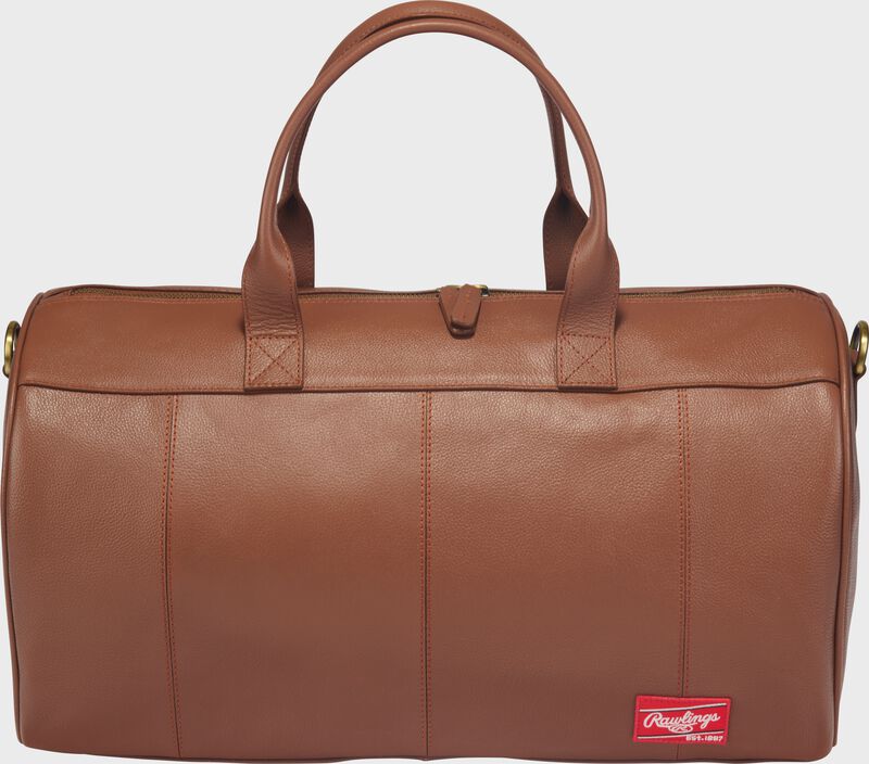 Side of a tan Rawlings Strike Out duffle bag