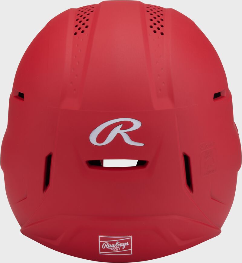 Back of a scarlet Rawlings RX2 fastpitch batting helmet