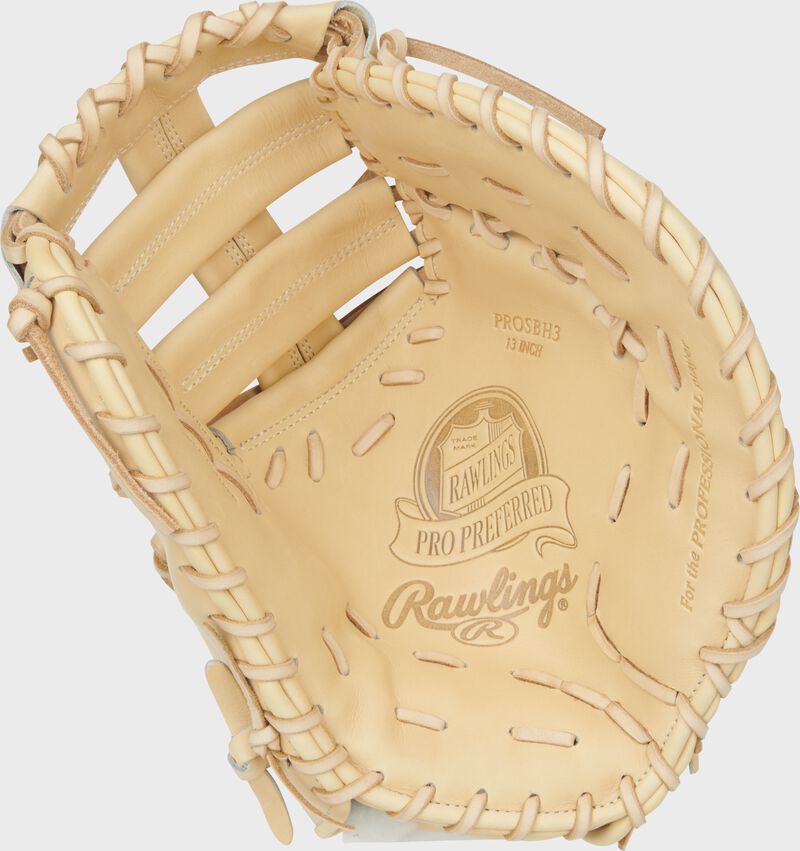 Camel palm of a Bryce Harper Pro Preferred 13-Inch 1st Base Mitt with camel laces