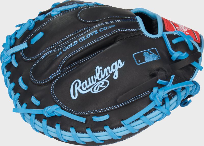 Black back of a R9 Series 32.5-Inch Catcher's Mitt with the MLB logo on the pinky loading=