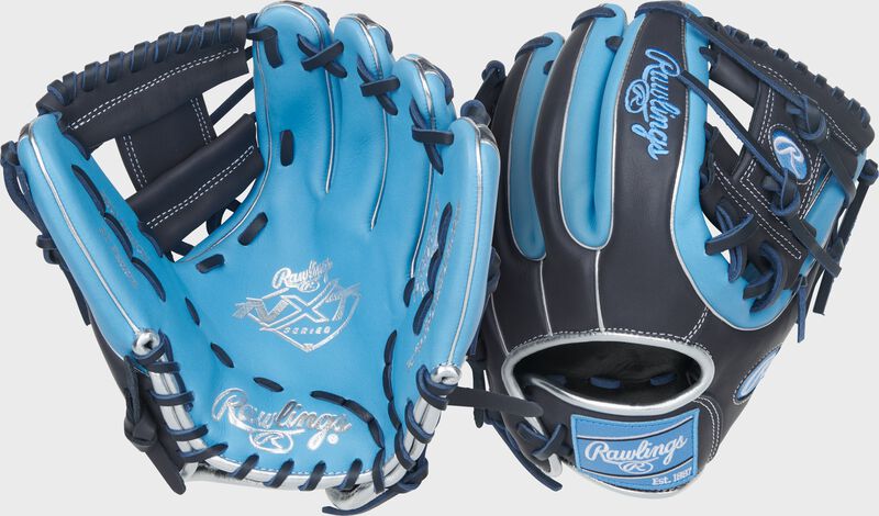 Two images showing the palm & back of a Columbia blue/navy Rawlings NXT Series 11.25-Inch Infield Glove
