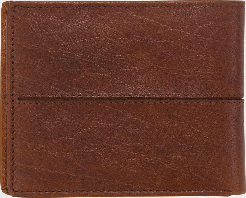 Alternate side of a tan Rawlings Home Run bi-fold wallet