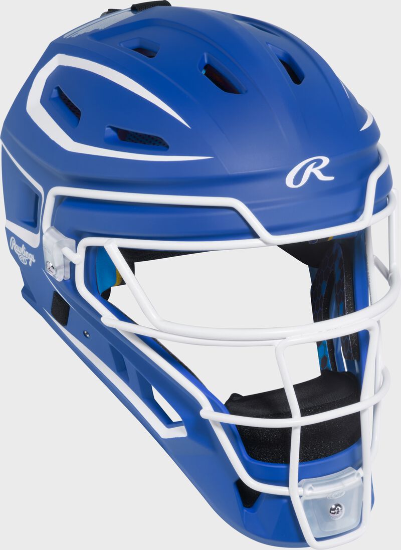 Front right of a royal Rawlings Mach Pro Series catcher's helmet
