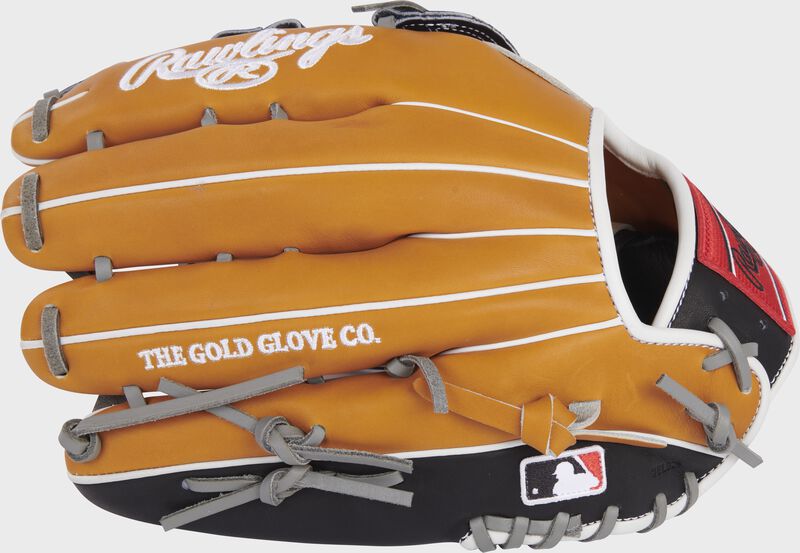Tan back of a Heart of the Hide 12.75" H-web outfield glove with the MLB logo on the pinky - SKU: PRO3039-6TB