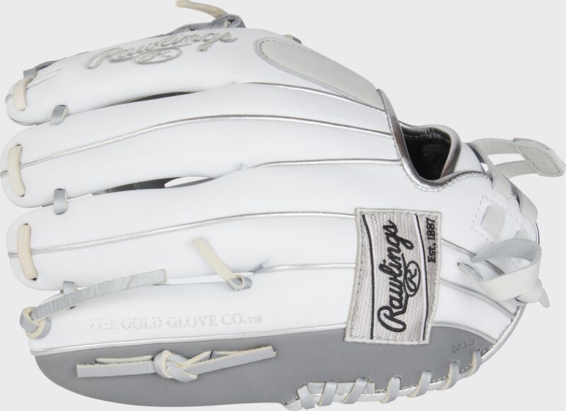White/gray back of a 12" Liberty Advanced fastpitch softball glove with a gray Rawlings patch - SKU: RLA120-31WSS loading=