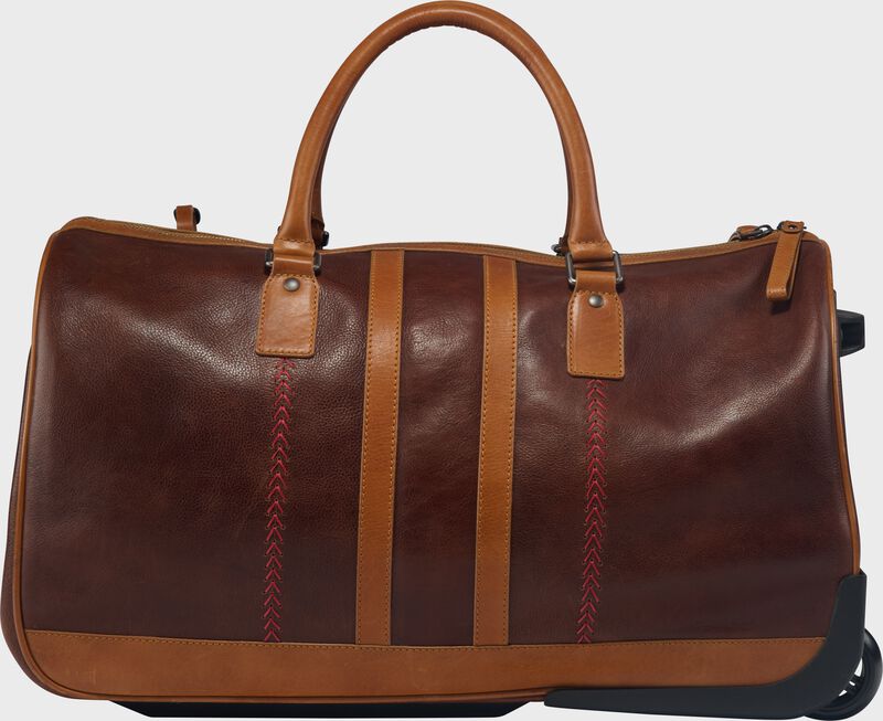 Alternate side view of a brown Rawlings Heritage Wheeled Duffle Trolley Bag loading=