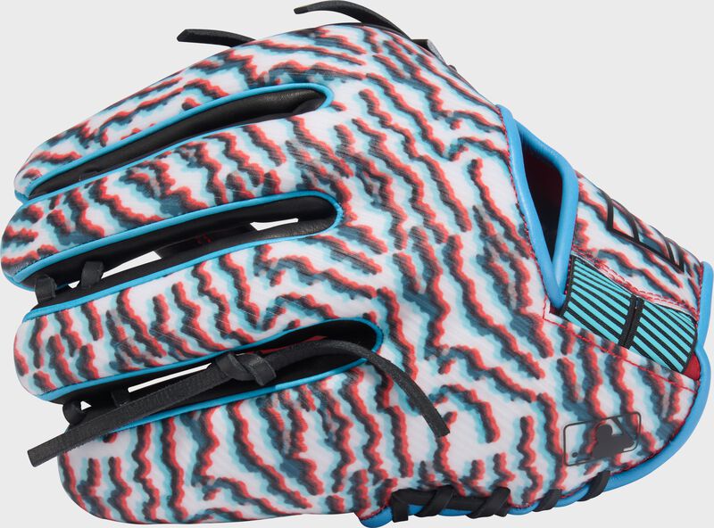 Back of a scarlet/white/black Rawlings REV1X 11.5-Inch Infield Glove
