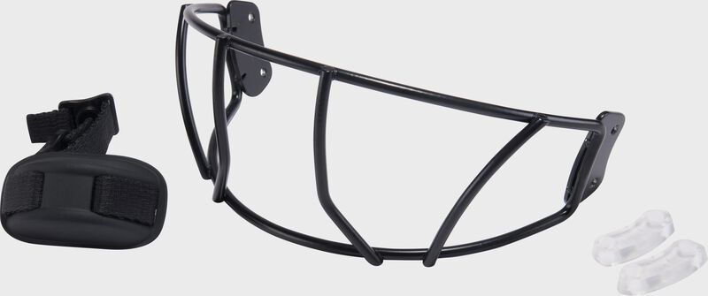 A black Rawlings RX2 batting helmet face guard with chin strap and spacers