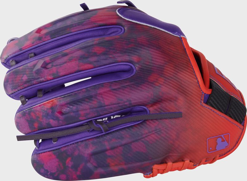 Purple/Orange design REV1X back of a Rawlings REV1X infield glove with the MLB logo on the pinky loading=