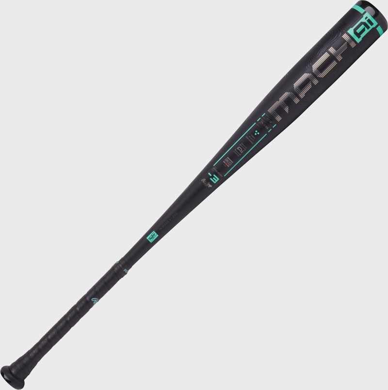 A black/mint 2025 Rawlings Mach AI BBCOR -3 Baseball bat