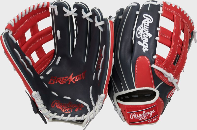 Two images showing the palm & back of a navy/scarlet Breakout 12.75" outfield glove
