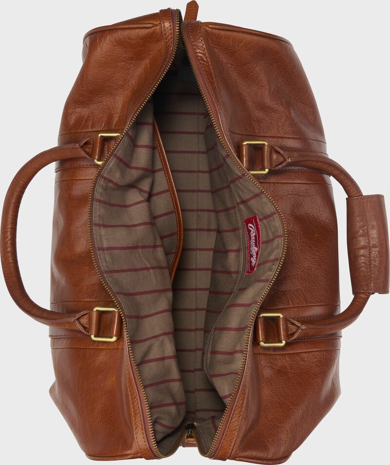 Inside view of a tan Rawlings Home Run duffle bag