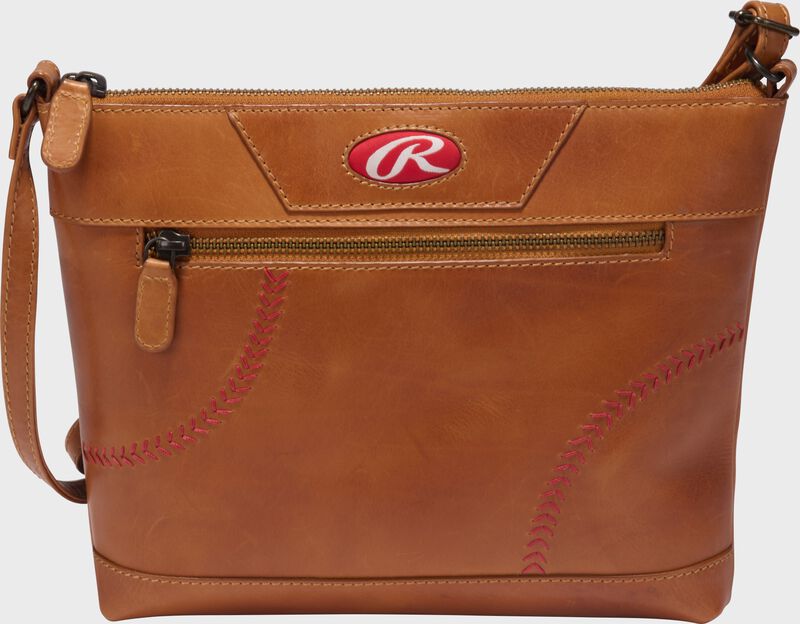 Main side view of a tan Rawlings Double Play crossbody purse