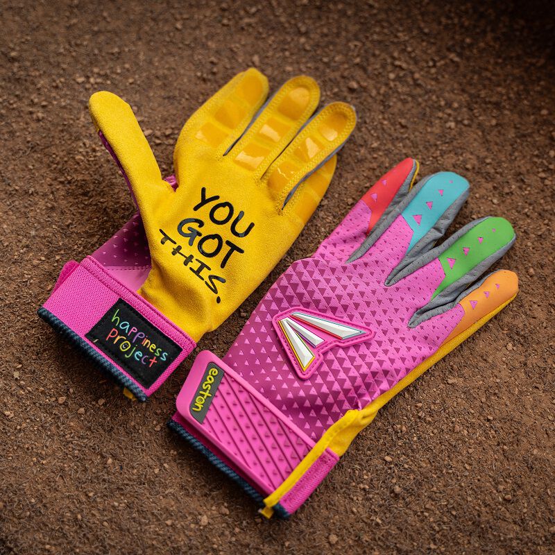 Picture of a pair of pink Easton x Happiness Project Ghost NX fastpitch batting gloves showing the palm on one and back of the other loading=
