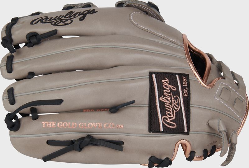 Gray back of a Rawlings R9 Series 12" ContoUR Fit fastpitch glove with a black/rose gold Rawlings patch