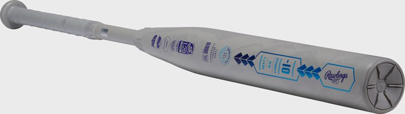 Alternate angle view of a gray Rawlings Mantra Reverse Alo Edition fastpitch softball bat