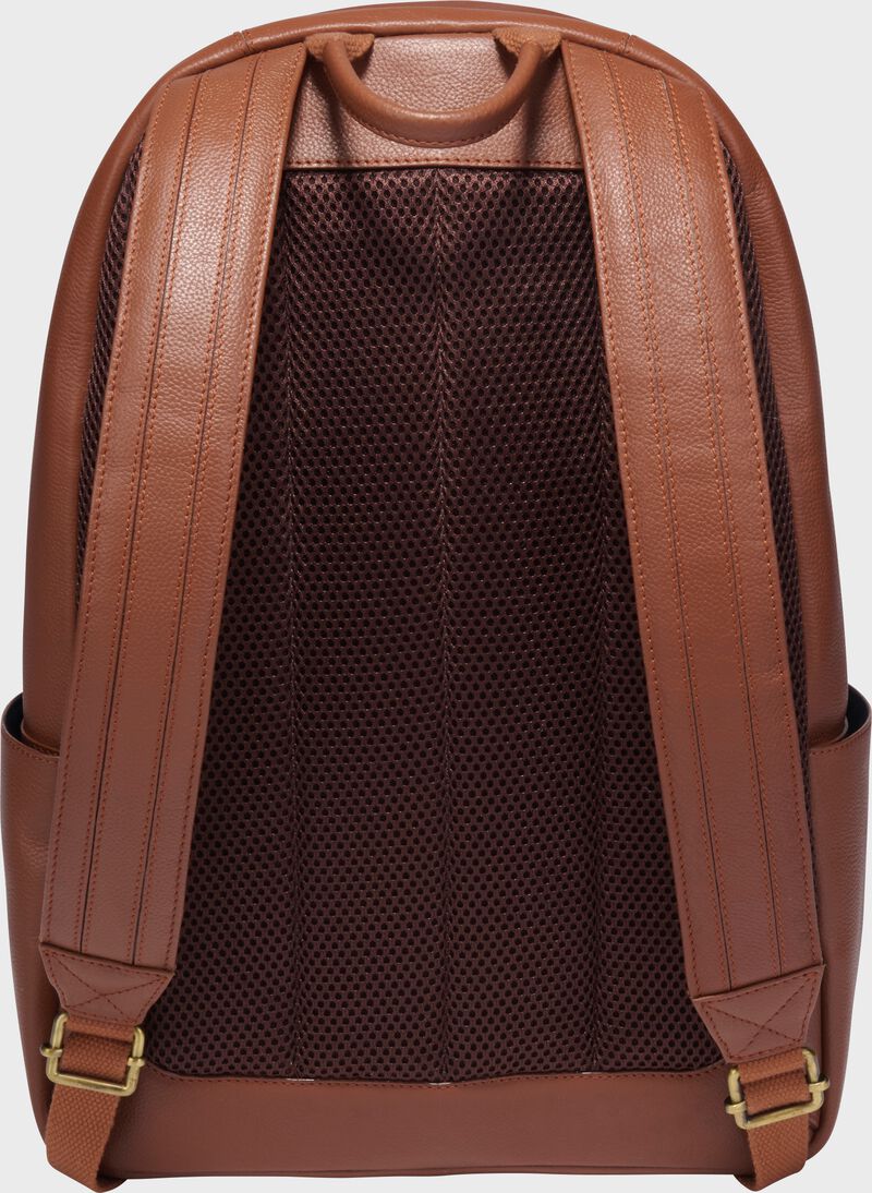 Back of a tan Rawlings Strike Out backpack with black shoulder straps loading=