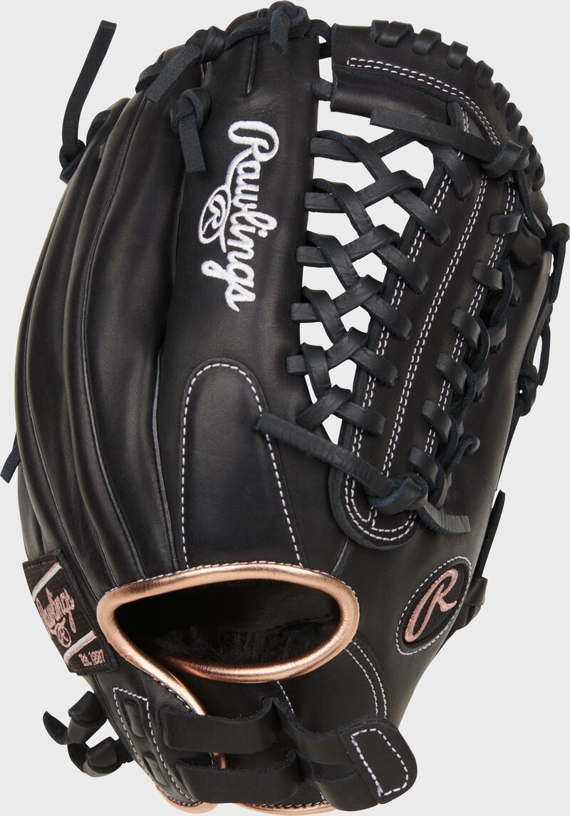 Black back of a R9 Series 12" fastpitch glove with a pull strap back loading=