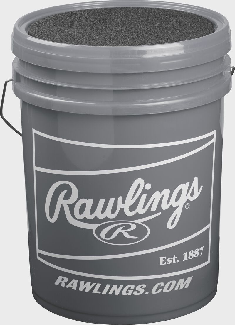 Gray bucket with white Rawlings patch on a R100UP1BUCK24 High School Ultimate Practice ball bucket loading=