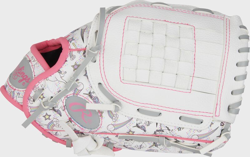 Thumb of a white/unicorn print Players Series 10" baseball/softball glove with a white Basket web - SKU: RPL10W