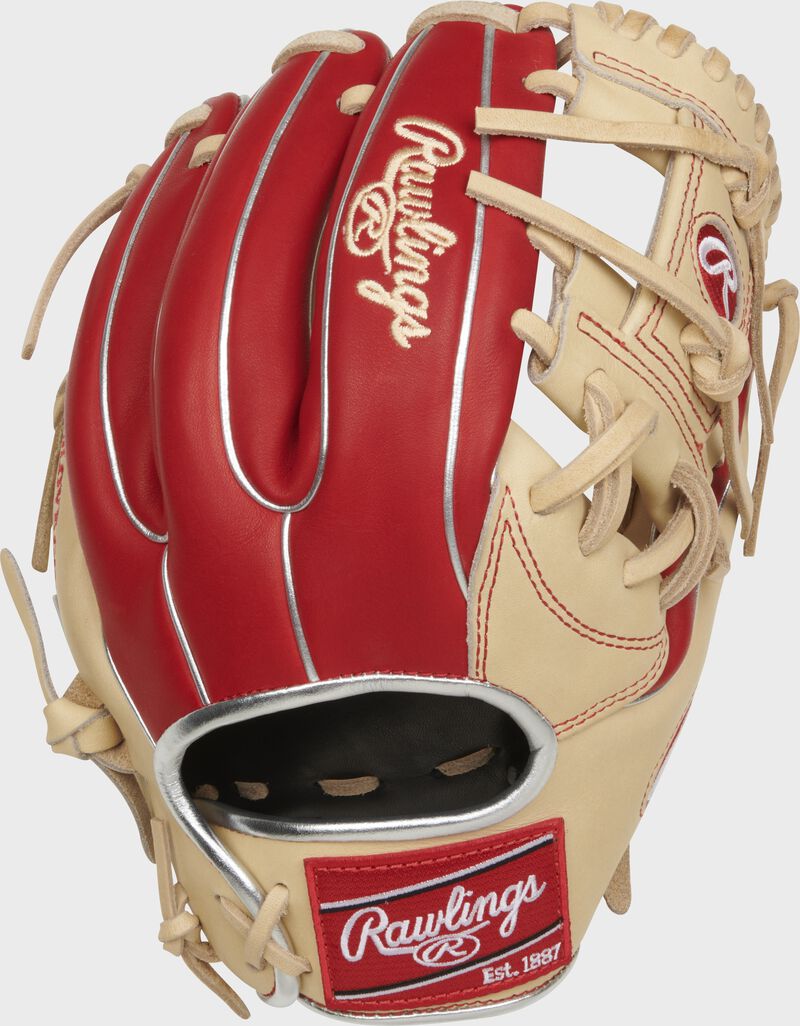 Scarlet back of a an 11.5" Heart of the Hide R2G I-web glove with a red Rawlings patch - SKU: PROR934-2CS