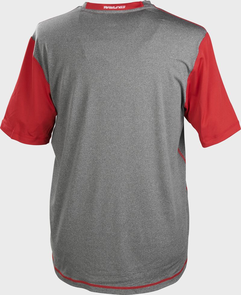 Back of a gray Rawlings Hurler short sleeve shirt with scarlet sleeves - SKU: HSSP-GR/S loading=